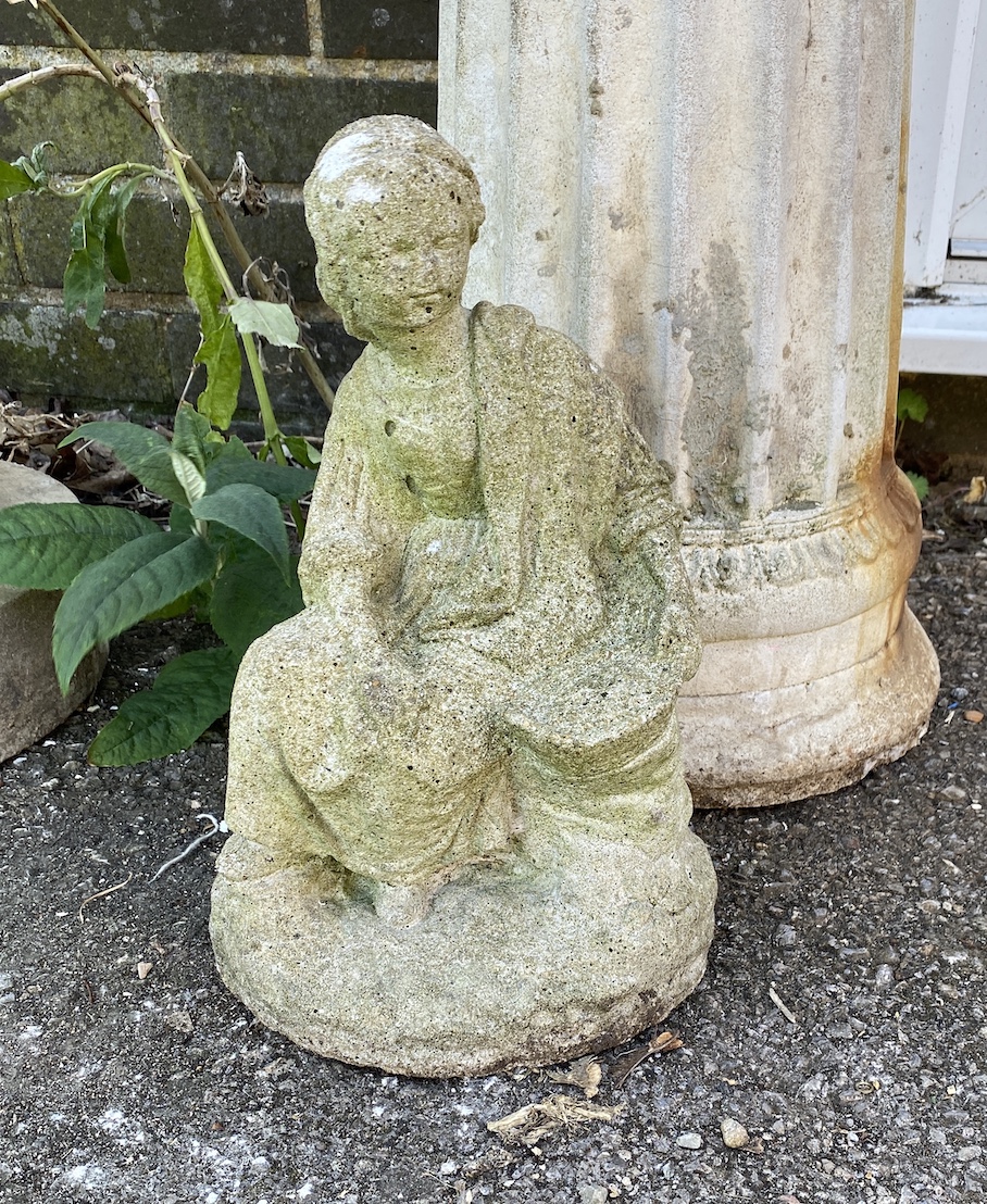 A reconstituted stone classical figure on a pedestal, height 114cm, and another smaller ornament